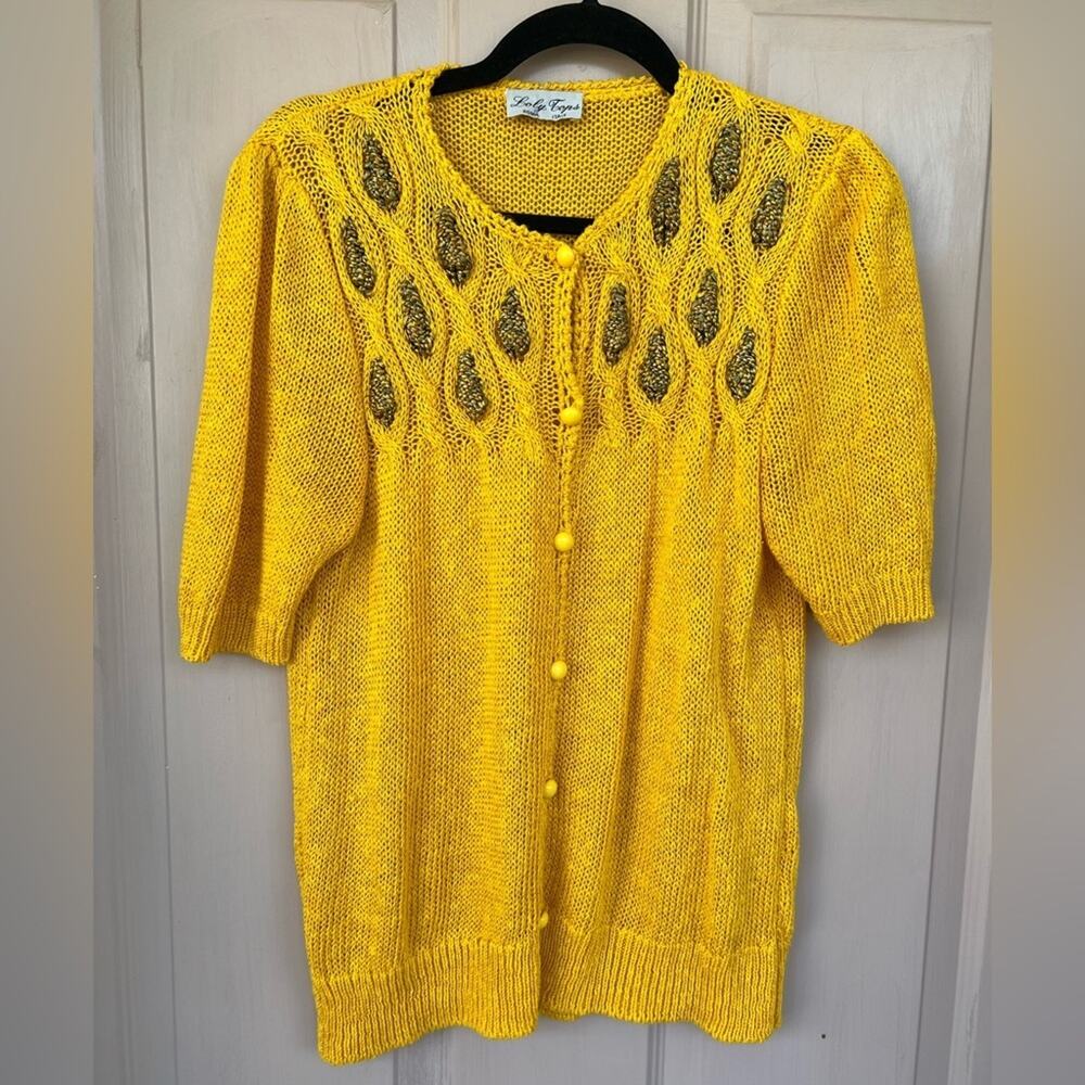Vintage Loly Tops Yellow Open Knit Short Sleeve Sweater – Made in Italy Medium